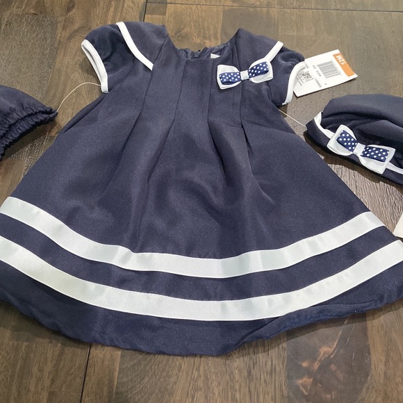 Rare Editions 3 piece 12 month navy and white sailor dress, hat, and bloomers 💕 - Picture 4 of 11